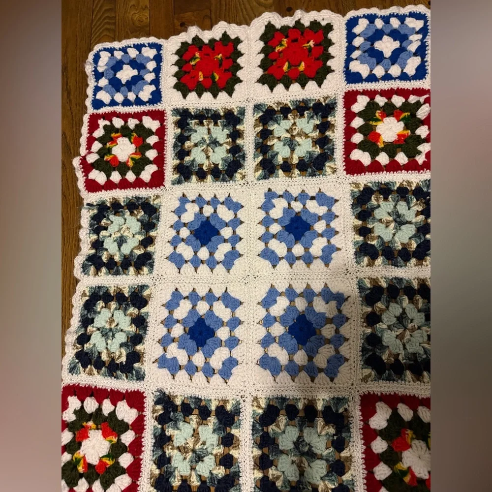 Festive Crochet Blanket with Red, Blue, and White Squares